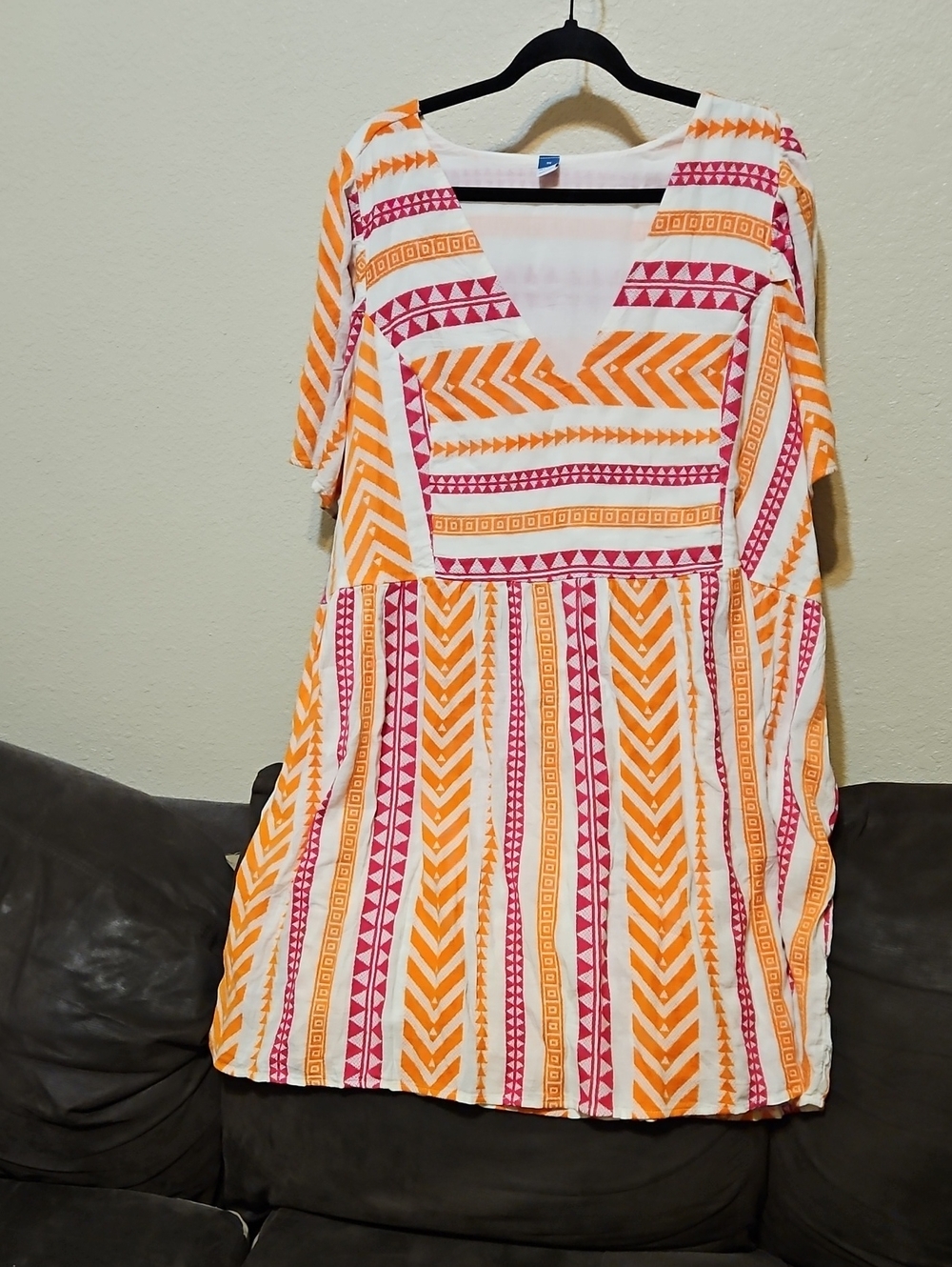 Old Navy White Midi Dress with Orange & Pink Geometric Print